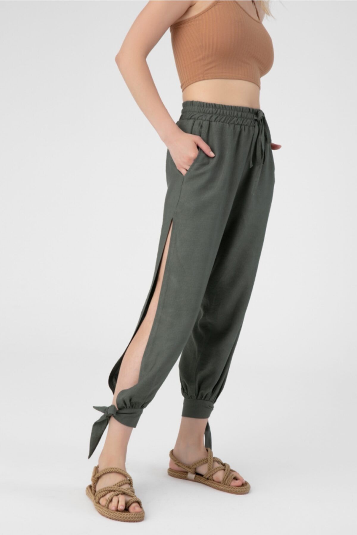 BERFUĞ KIRAN-Ankle-tied Elastic Waist Linen Trousers 2