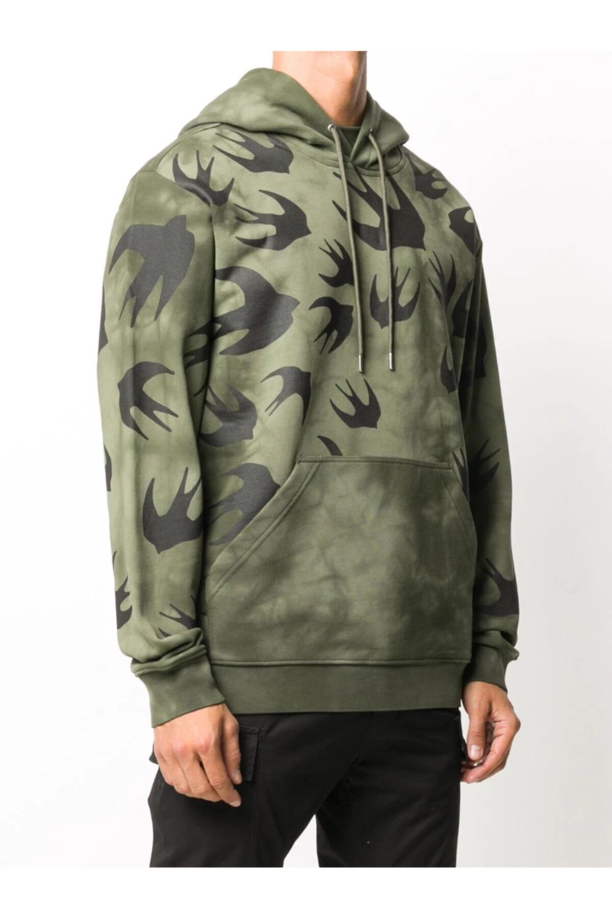 ALEXANDER MCQUEEN Swallow Patterned Khaki Hooded Sweatshirt Trendyol