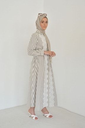 Dantel Detaylı Keten Uzun Bej Kadın Elbise 2004080
