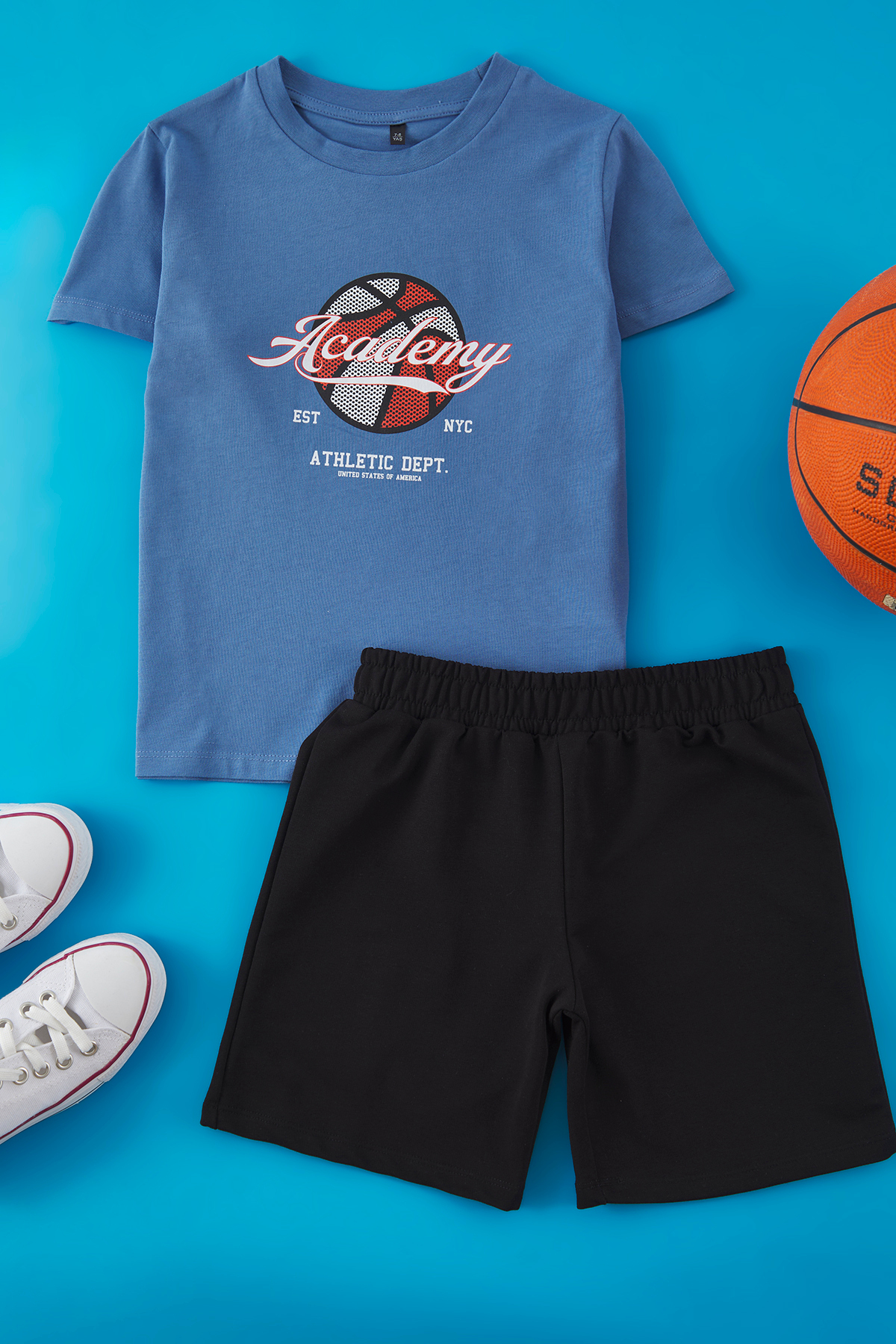 Trendyolmilla Kids Indigo Erkek Çocuk %100 Pamuk Basketbol Baskılı Kısa Kol Örme Alt-Üst Takım TKDSS25AU00140