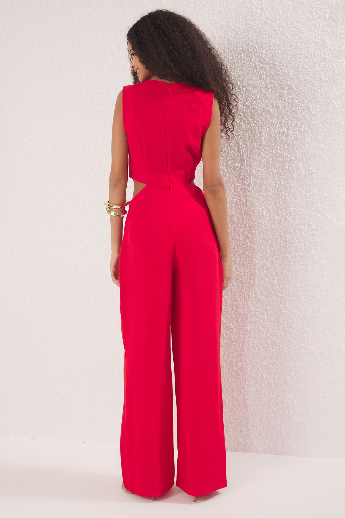 Trendyol Collection-Piros kivágás/ablak és csat részletek széles lábszár szőtt krepp jumpsuit TWOSS25TU00065 4