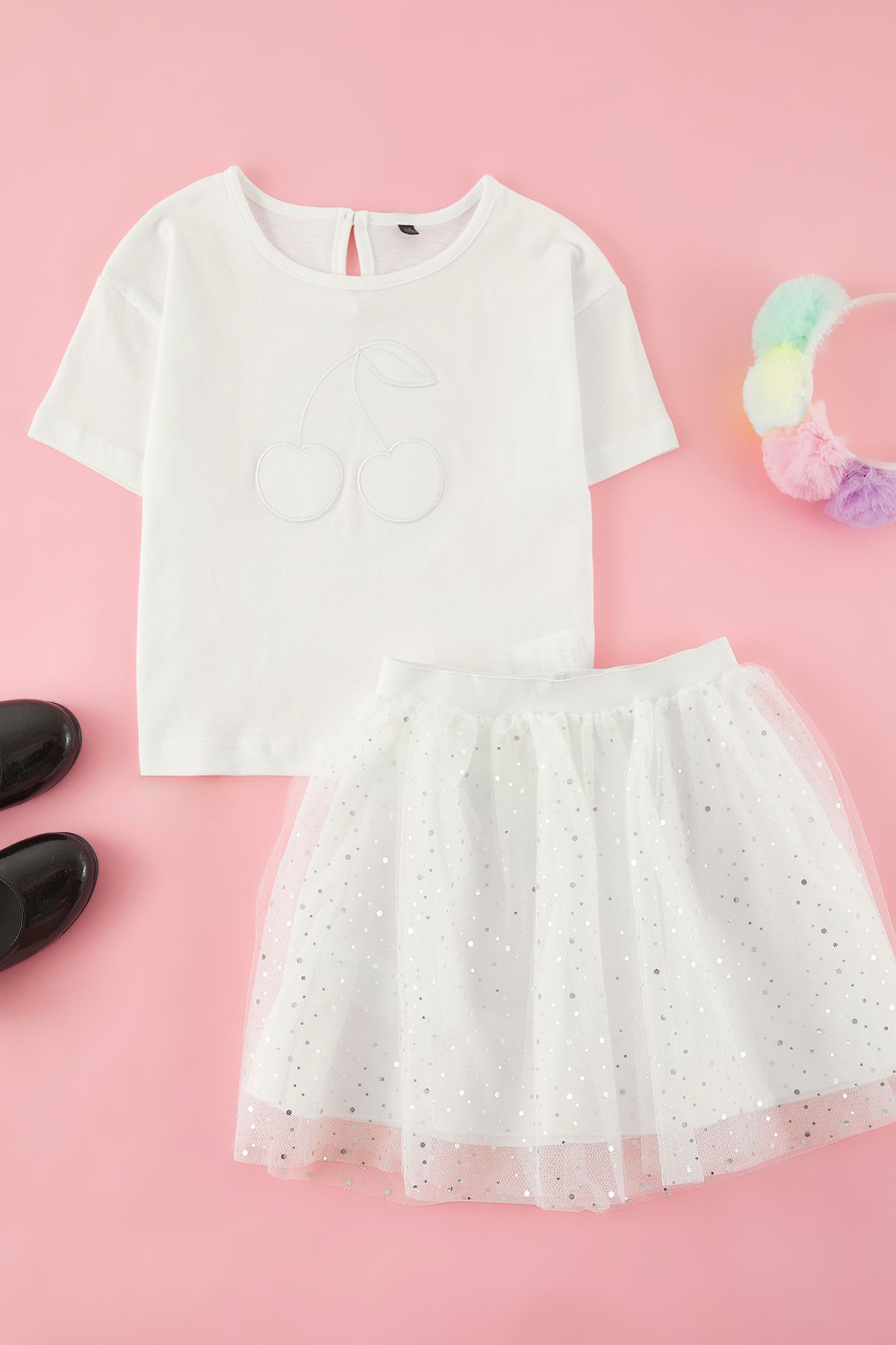 TRENDYOLKIDS Spódnica Tutu Dla Dziewcząt W Kolorze Ecru, Wykonana W 100% Z Bawełny, Z Detalami W Kolorze Wiśni, Dzianinowy Komplet Góra-dół Kobieta -