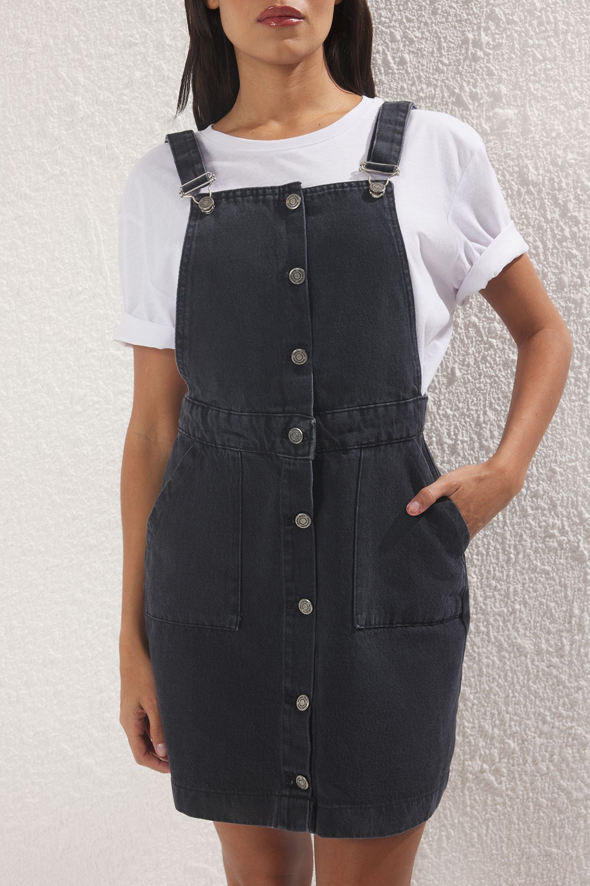 Trendyol Collection Antracit mini Salopet farmer ruha TWOSS25EL00702