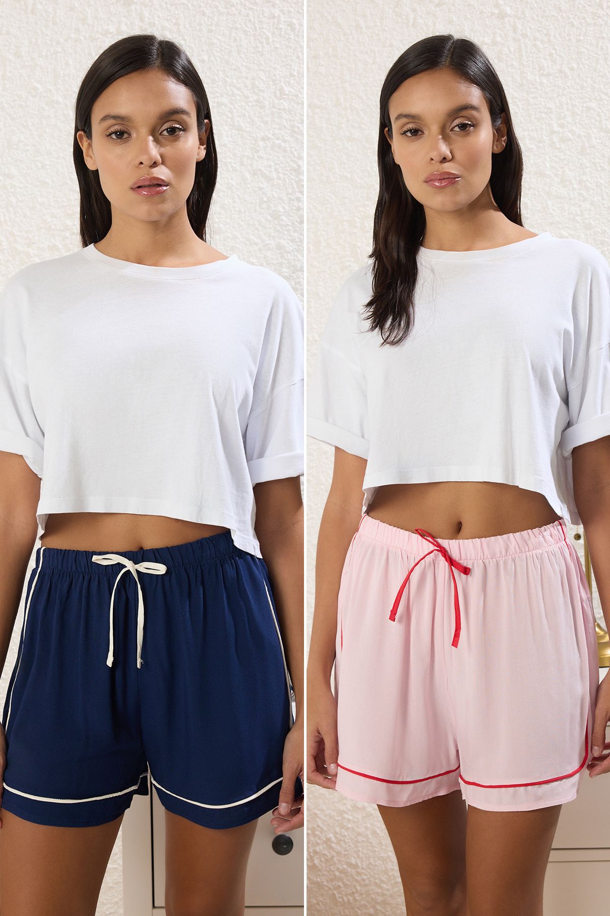 Trendyol Collection Wielokolorowe 2-pakowe Szorty Wiskozowe Wiązane/kokardkowe I Z Lamówką, Tkane Spodnie Piżamowe Kobieta - 42