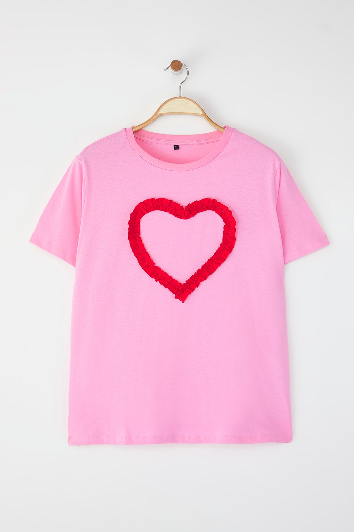 Trendyol Curve-Plus Size Pink Boyfriend Fit T-Shirt with Front Ruffles and Heart Detail Tbbss25Bf00022 6