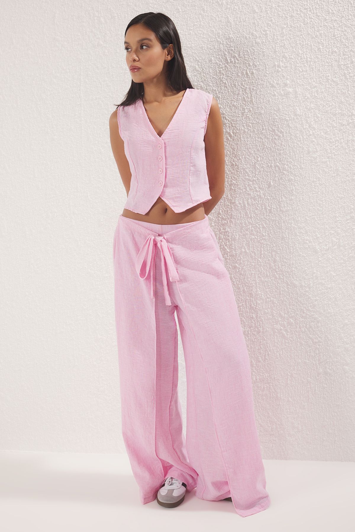 Trendyol Collection-Pink Front Tie Pants Crop Vest Linen Look Woven Bottom-Top Two-Piece Suit Twoss25Au00018 1