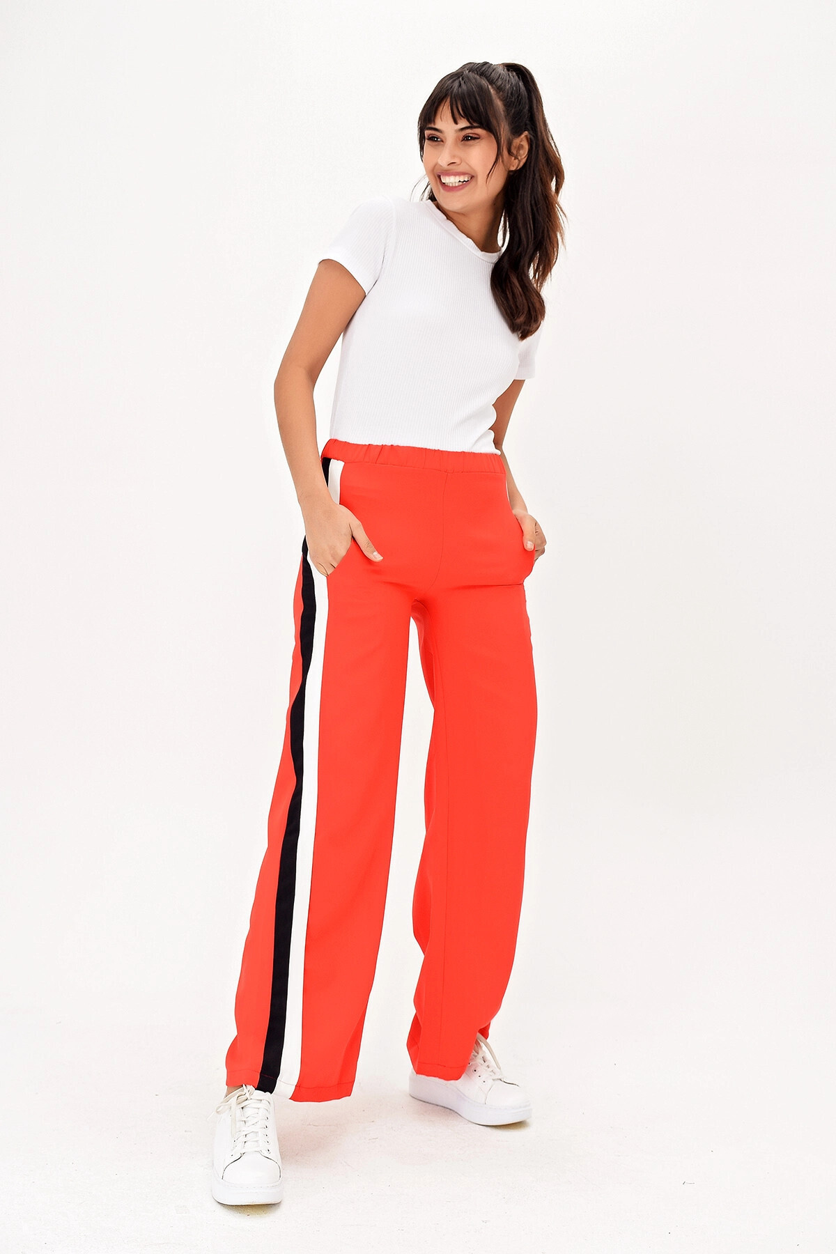 bacc-Women's Red Stripe Detailed Elastic Waist Trousers Bcbsk-25650-2215 1