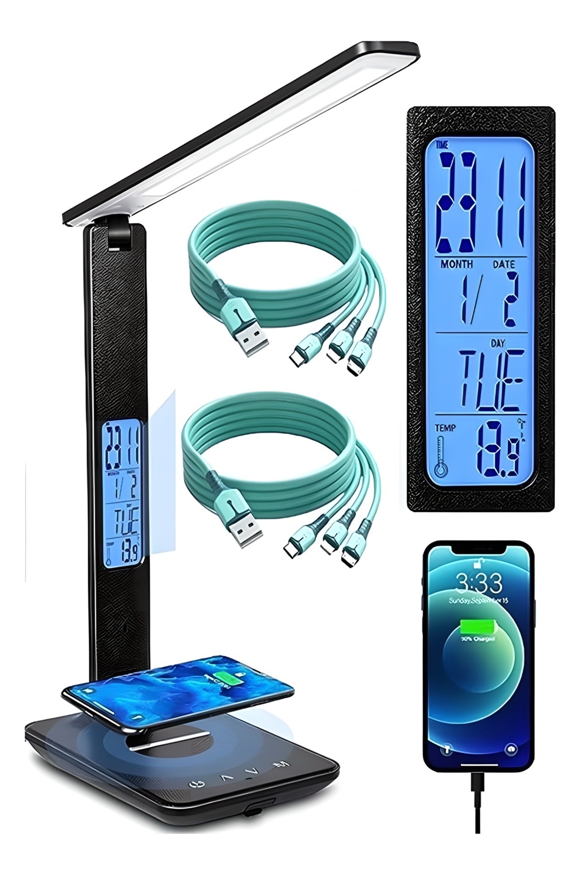 COOYA-Desk Lamp, with Smart Display, Wireless Charging LED, 3 Lighting Modes, 36cm 3