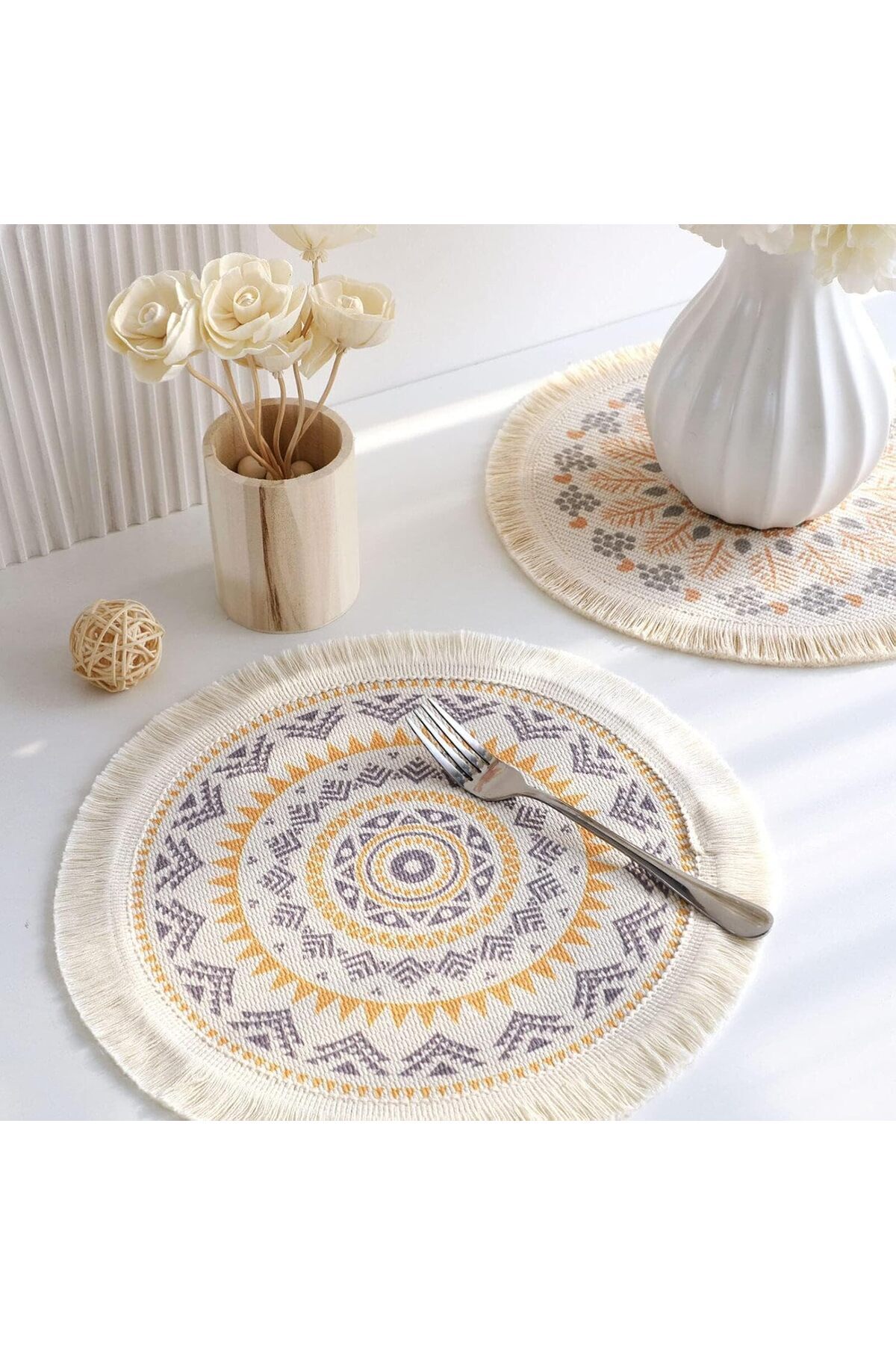 COOYA-Set of 6 Boho Style Mandala Pattern Placemats,with Tassels 13 Inch Rope Braided Place Mats Woven 3