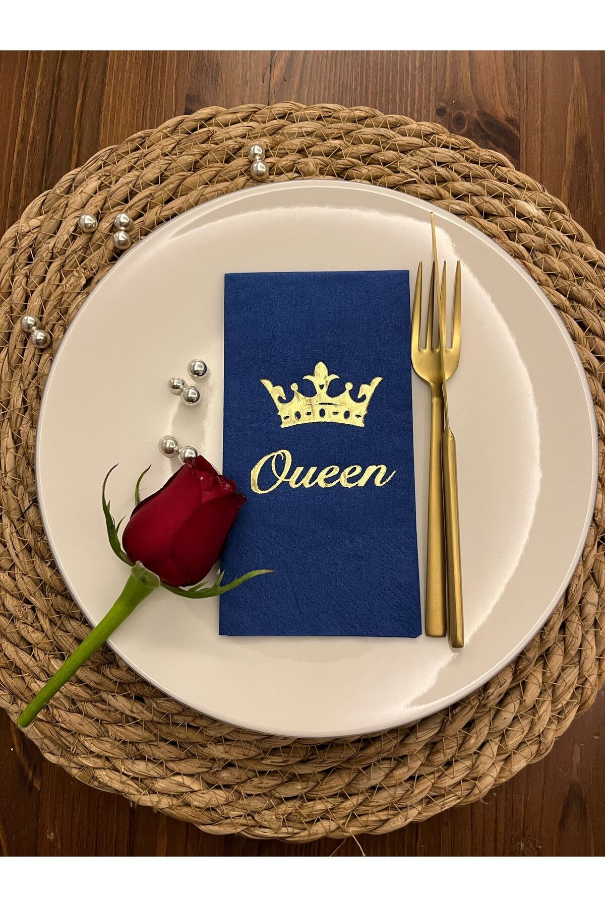 kidspartim Gold Yaldızlı Bodrum Mavisi Queen Taç Detaylı Peçete 16 Adet