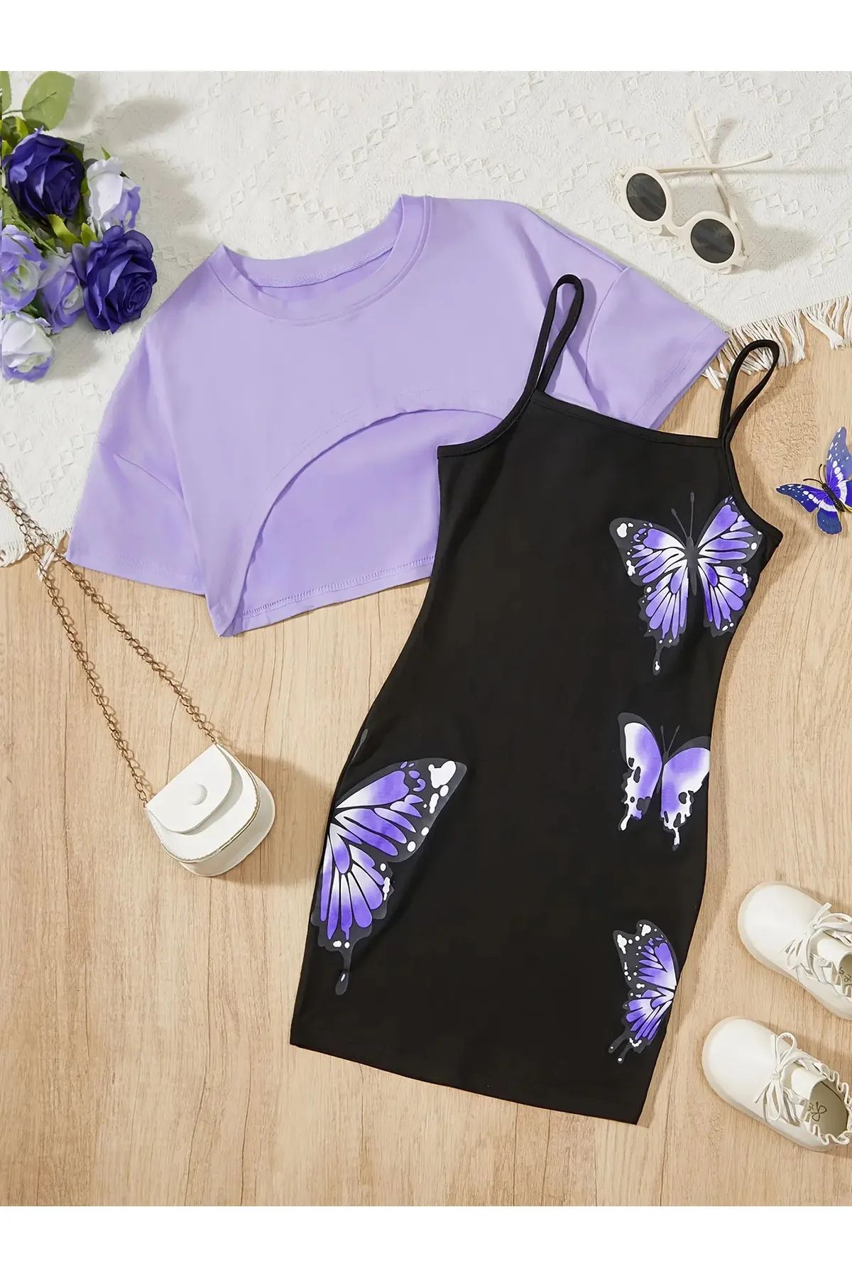 Kız Çocuk Kelebek Baskılı Crop T-shirt Elbise