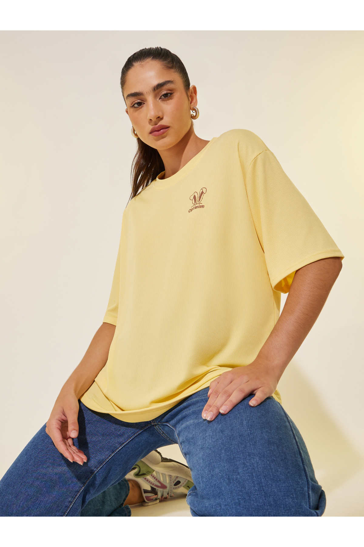 Styli-Yellow Ribbed Short Sleeve Oversized T-Shirt 1