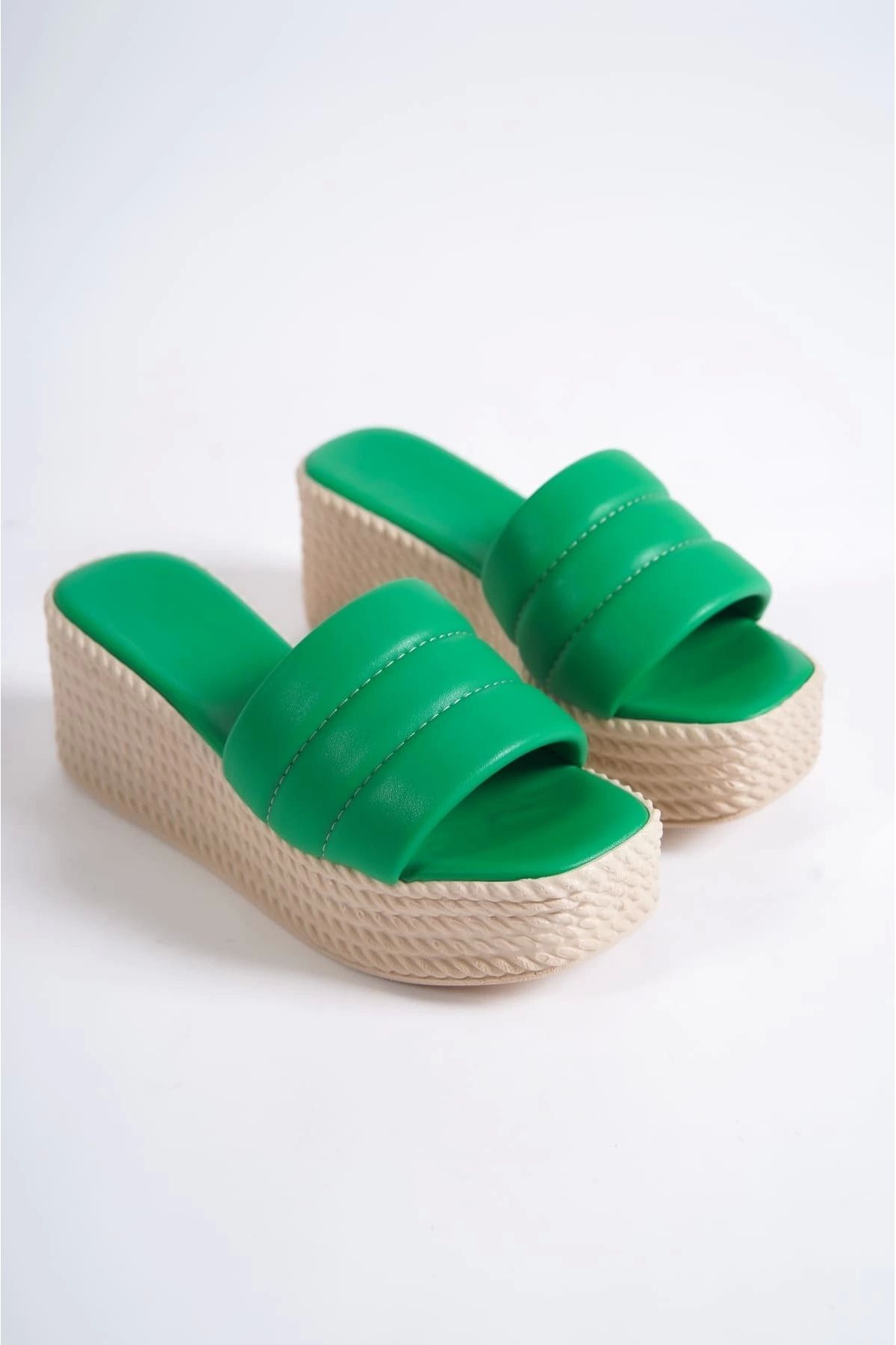 TB Terzi Bey-Reına Wedge Heeled Orthopedic Sole Straw Look Women's Slippers Kt - Green 4