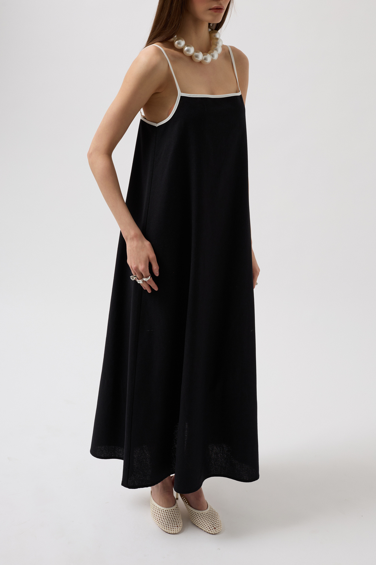 Black Fashion-Stripe Detail Linen Maxi Black Dress 4