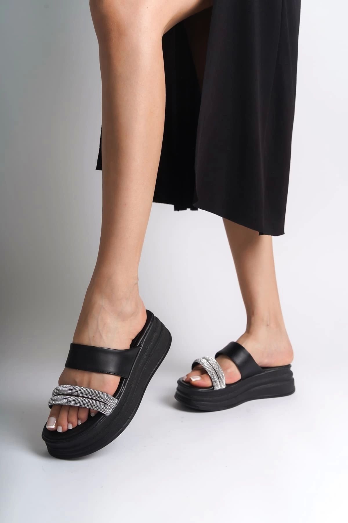 TB Terzi Bey-Sarah Flat Heeled Stone Striped Thick and Orthopedic Sole Women's Slippers St - Black 2