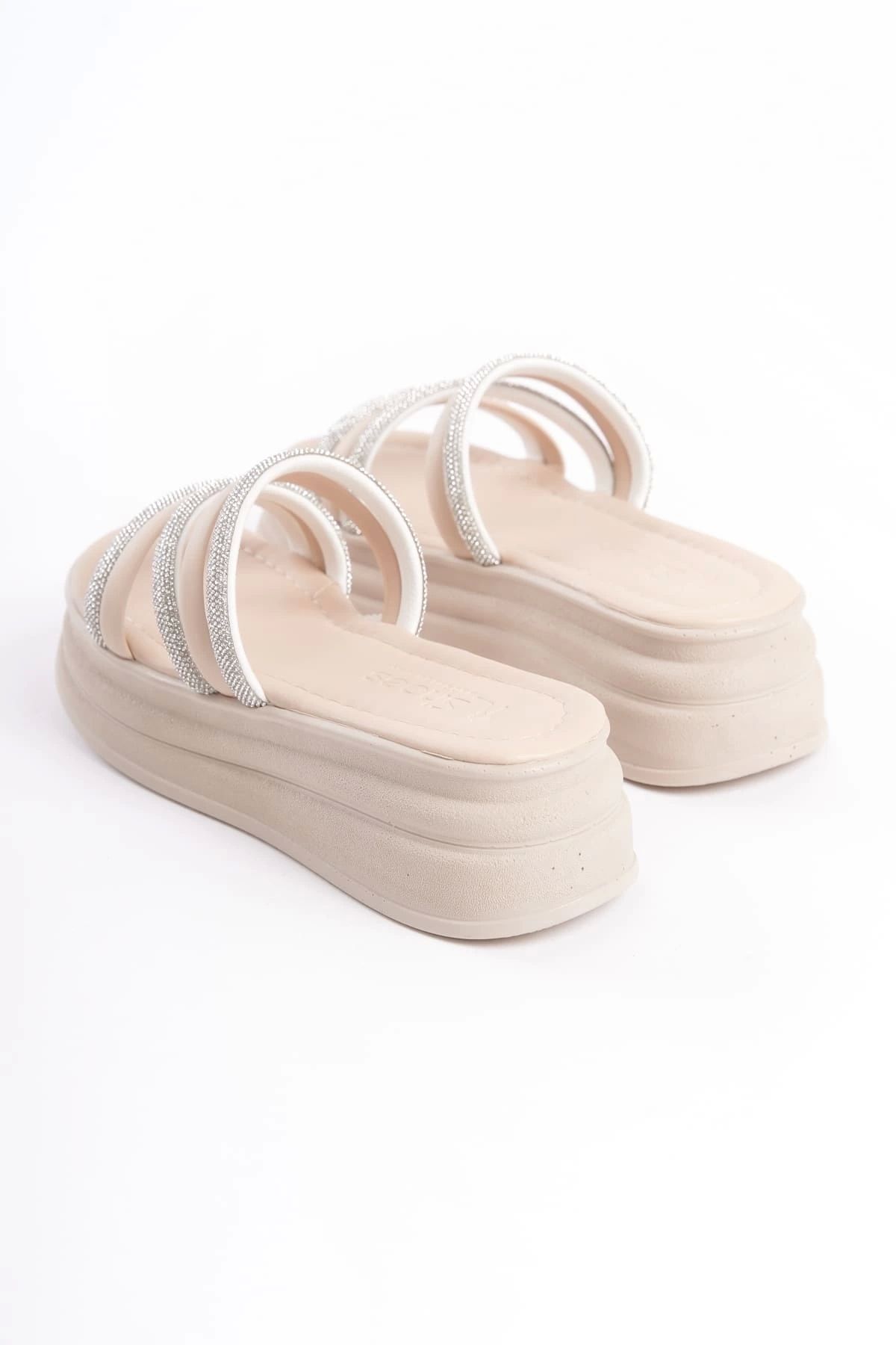 TB Terzi Bey-Elise Flat Heeled Striped Stone Thick and Orthopedic Sole Women's Slippers Kt - Cream 5