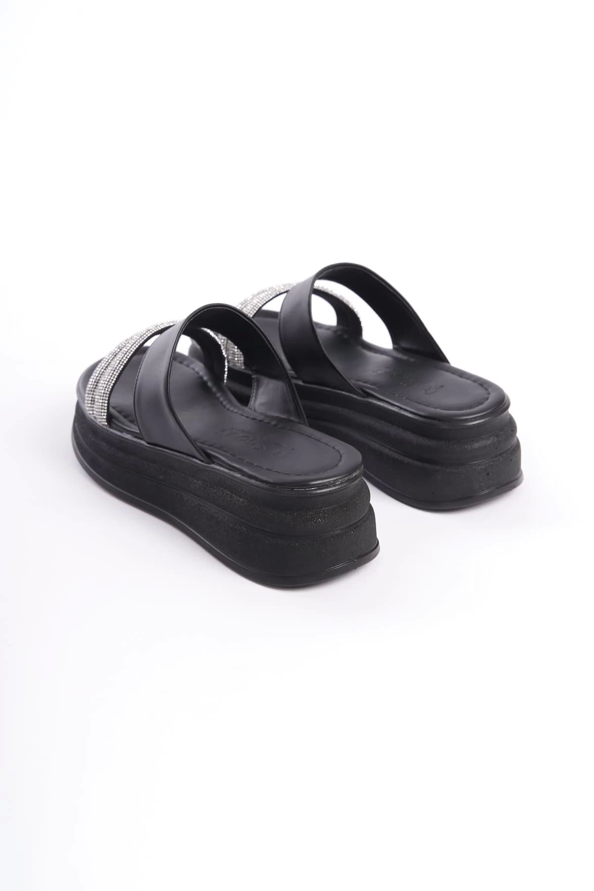TB Terzi Bey-Sarah Flat Heeled Stone Striped Thick and Orthopedic Sole Women's Slippers St - Black 5