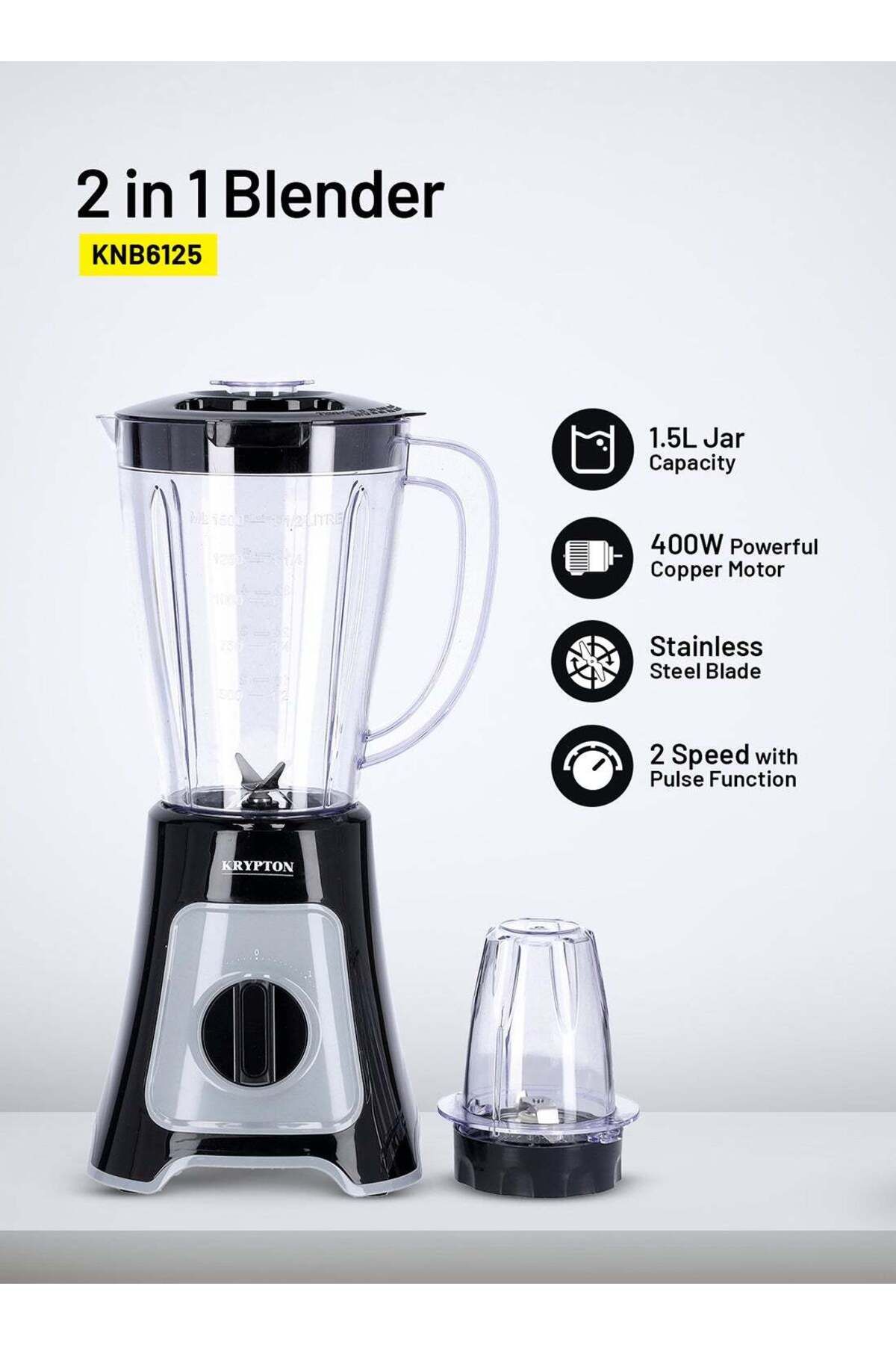KRYPTON-2-in-1 Blender with Grinder, 1.5L Jar, 2 Speed + Pulse, Sharp Blades, Copper Motor, PC Jar 1