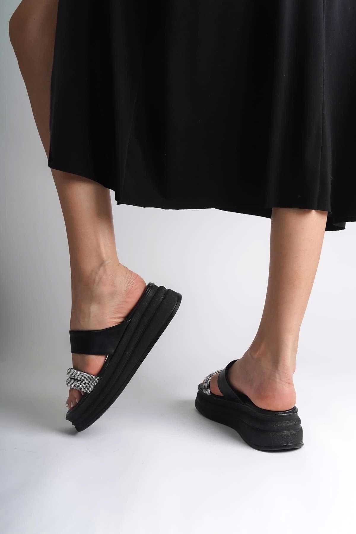 TB Terzi Bey-Sarah Flat Heeled Stone Striped Thick and Orthopedic Sole Women's Slippers St - Black 3
