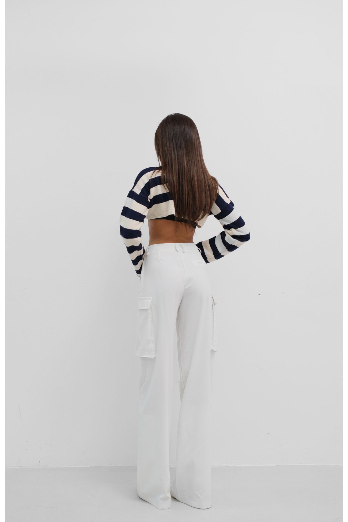 Black Fashion-Pantaloni cargo albi cu talie înaltă - buzunar 6