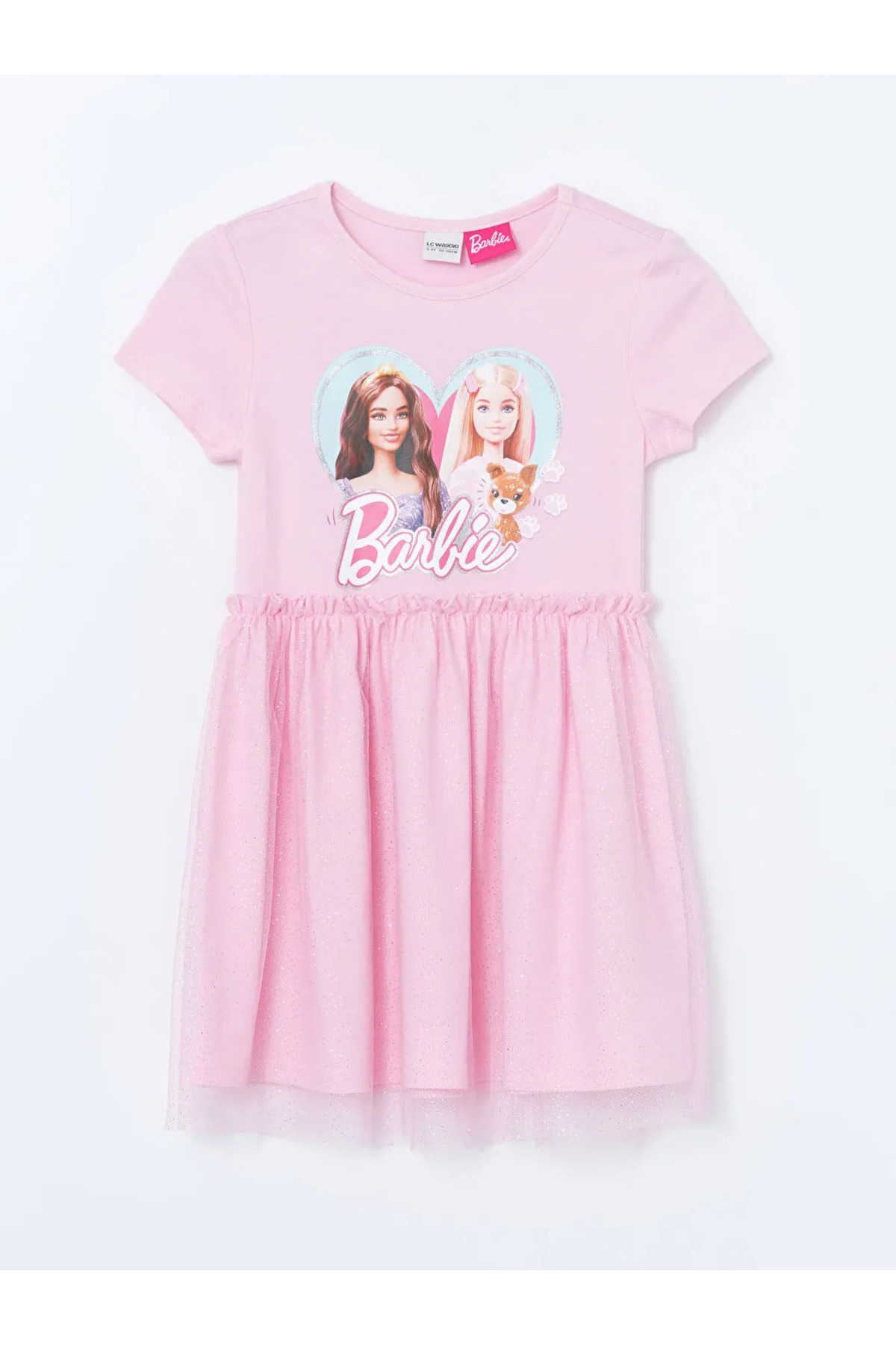 LC Waikiki LCW Kids Pembe Bisiklet Yaka Barbi Baskılı Kız Çocuk Elbise