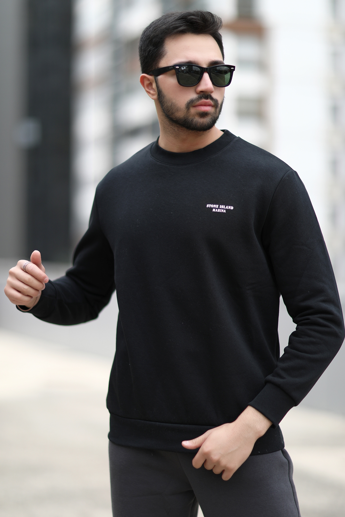 JB John Borners Erkek Kışlık Sweatshirt Siyah Üç İplik Şardonlu O Yaka Ribanalı Regularfit Baskılı - 5012-1-1 görsel 2