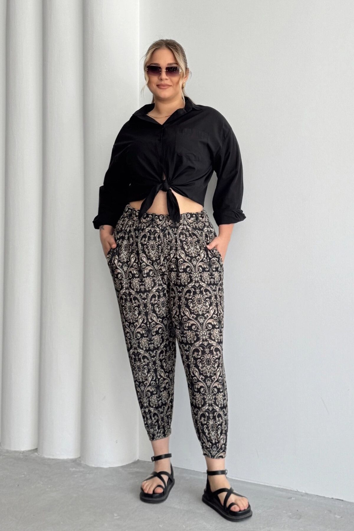 Stil Diva-Large Size Patterned Shalwar Trousers with Elastic Waist and Legs and Pockets 74-75 4