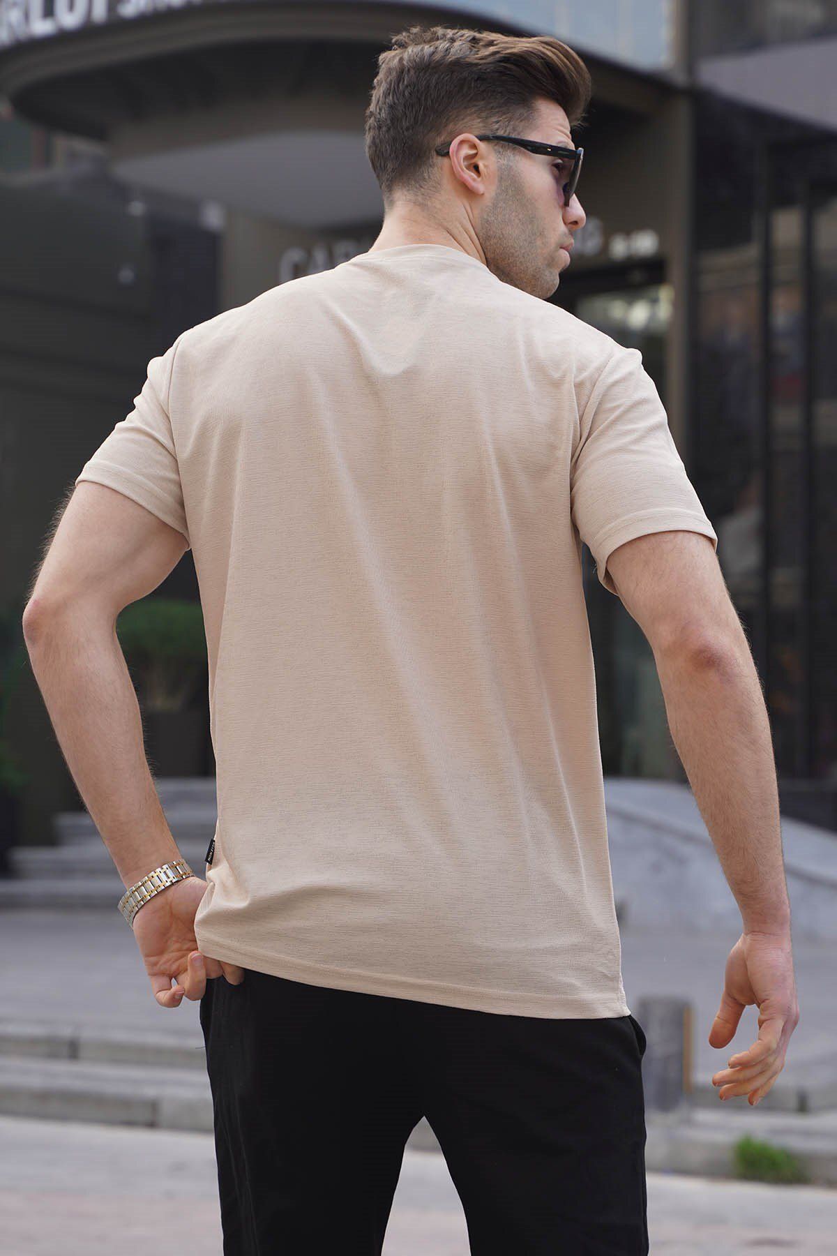 Madmext-Ανδρικό μπλουζάκι μπεζ Regular Fit Basic 6069 2