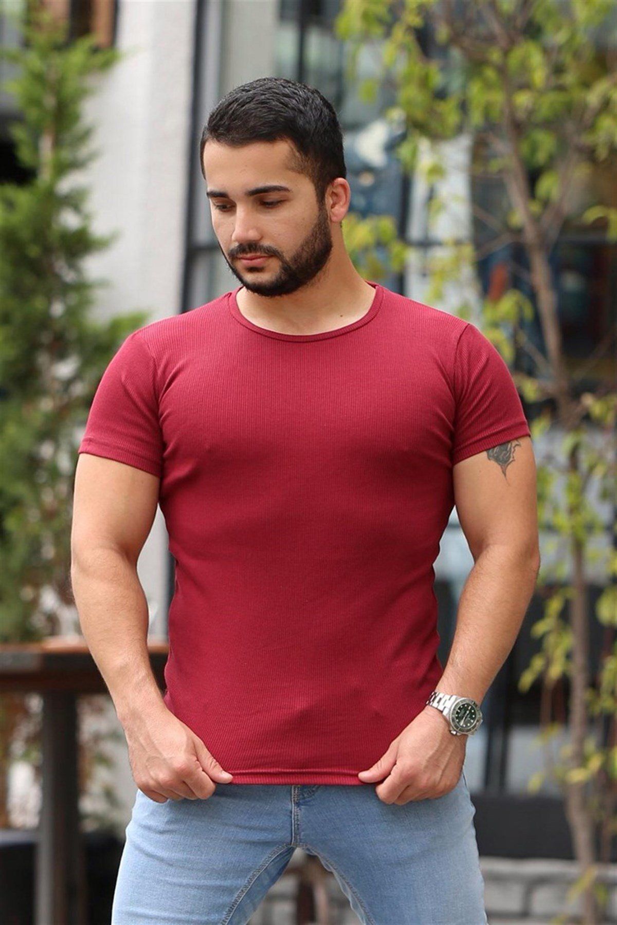 Madmext-Μπλουζάκι με λαιμόκοψη Claret Red Basic 4077 3
