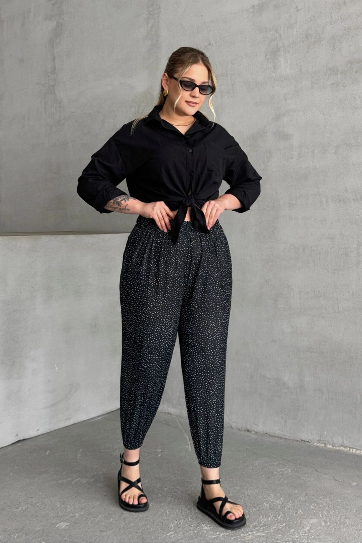 Stil Diva-Large Size Patterned Shalwar Trousers with Elastic Waist and Legs with Pockets 74-73 4
