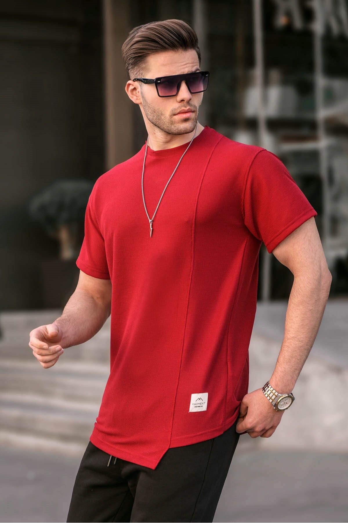 Madmext T-shirt Męski O Asymetrycznym Kroju Bordowo-czerwony O Regularnym Kroju Mężczyzna - L