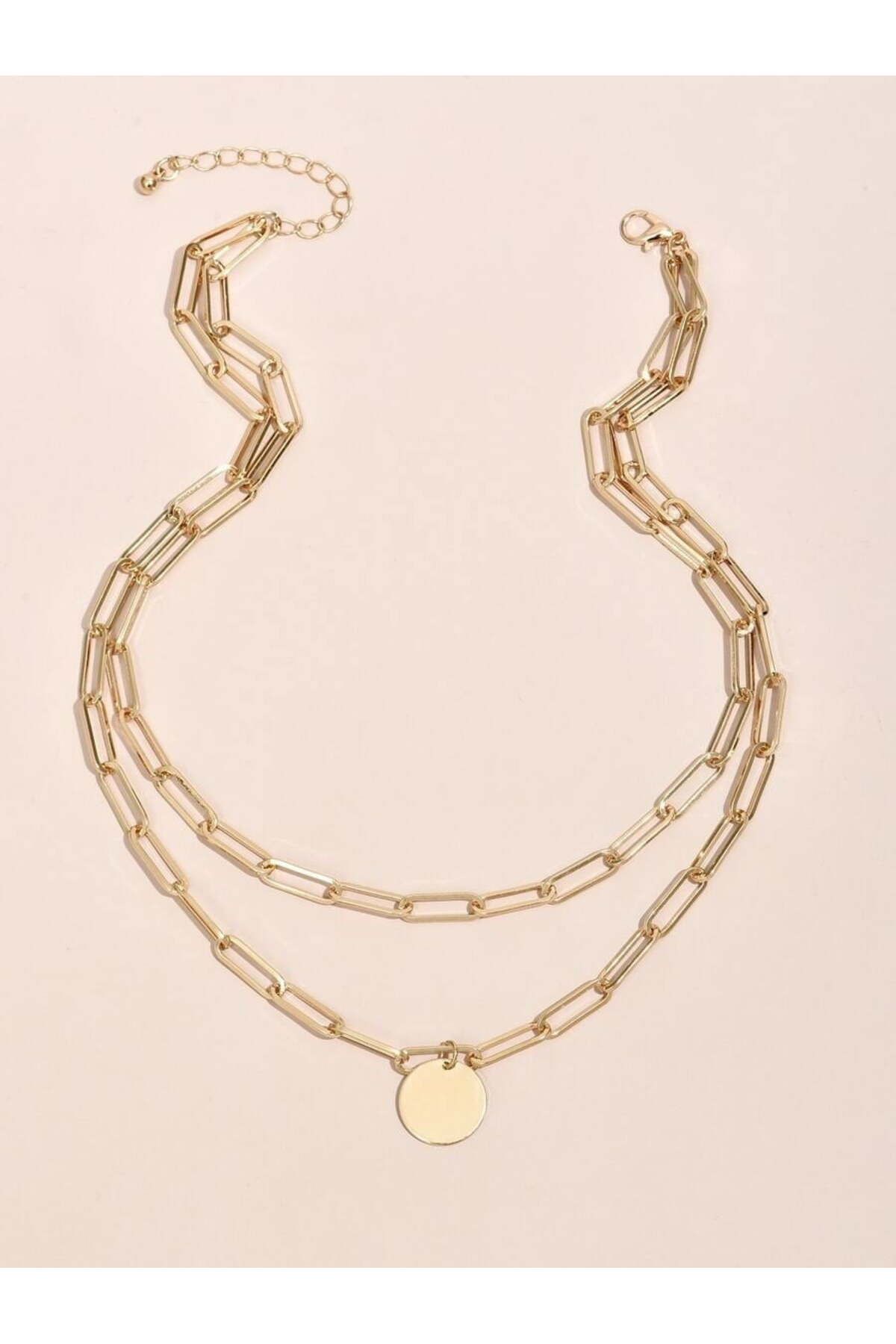 pullmarkt-Gold Color Rectangular Chain Round Sequin Charm Layered Necklace 3