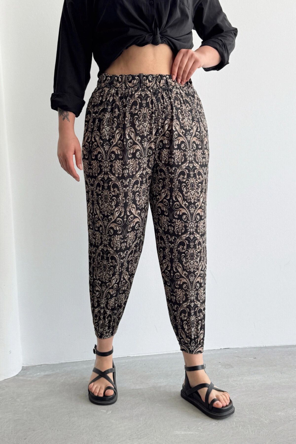 Stil Diva-Large Size Patterned Shalwar Trousers with Elastic Waist and Legs and Pockets 74-75 7