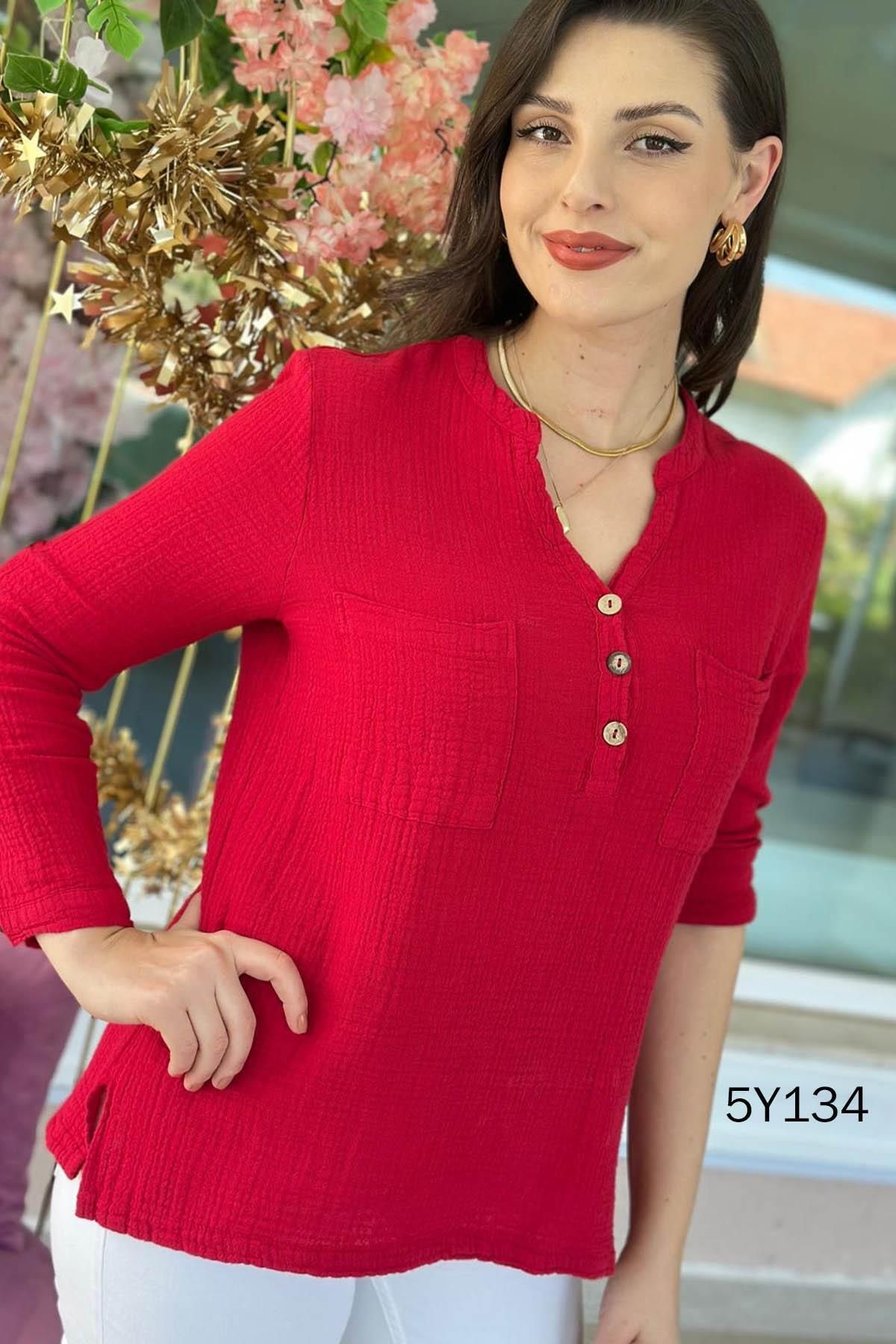 İnce Topuk-Buttoned Cotton Muslin Fabric Blouse 5Y134 3