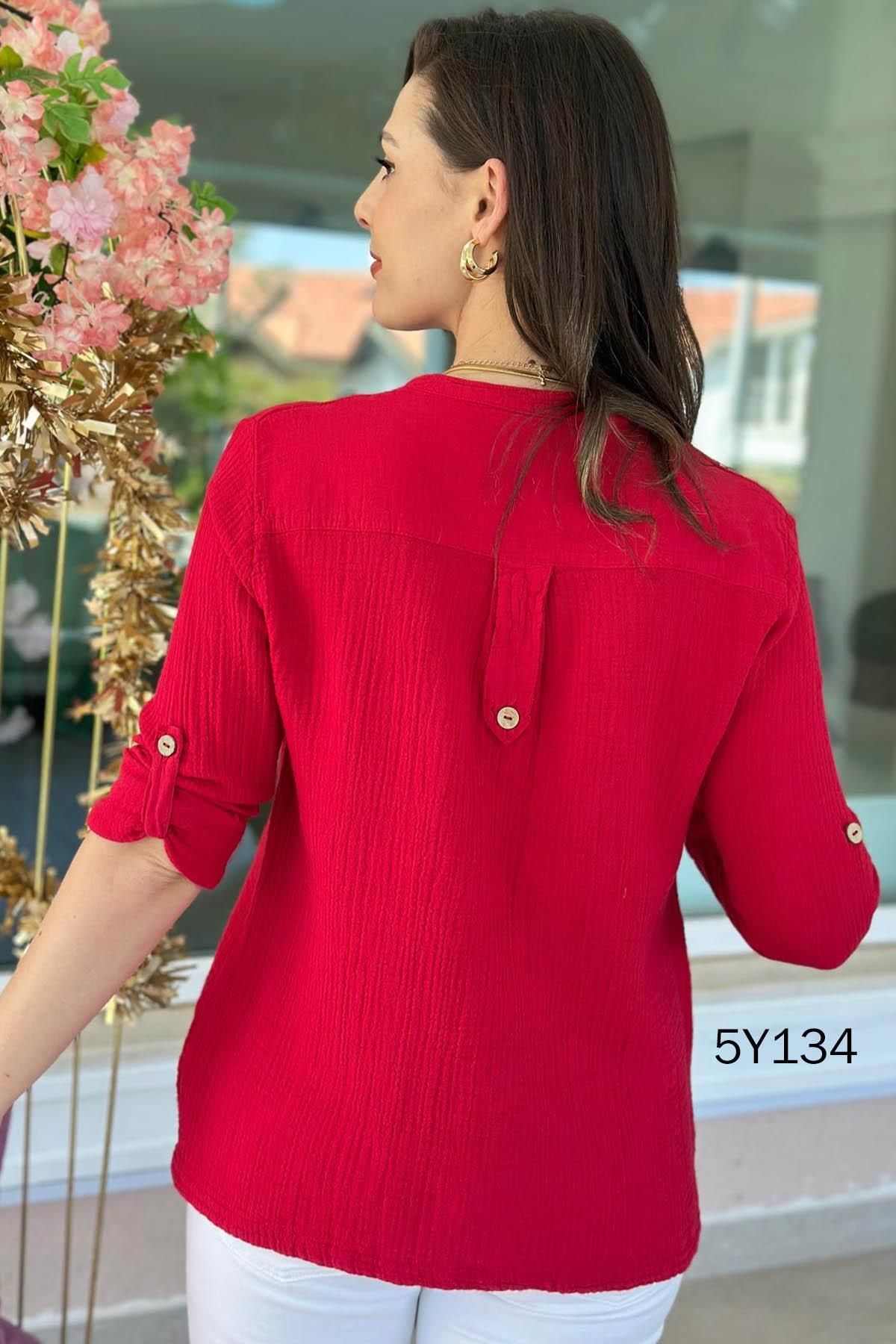 İnce Topuk-Buttoned Cotton Muslin Fabric Blouse 5Y134 2