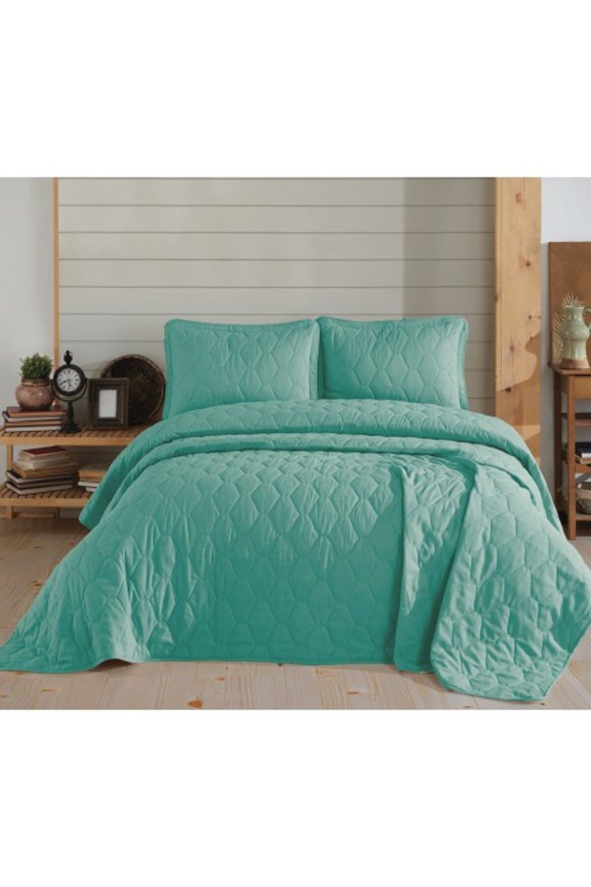 NazeninHome-Set cuvertura matlasata + 2 fete perna bumbac 100%, 220x240cm, turcoaz 1