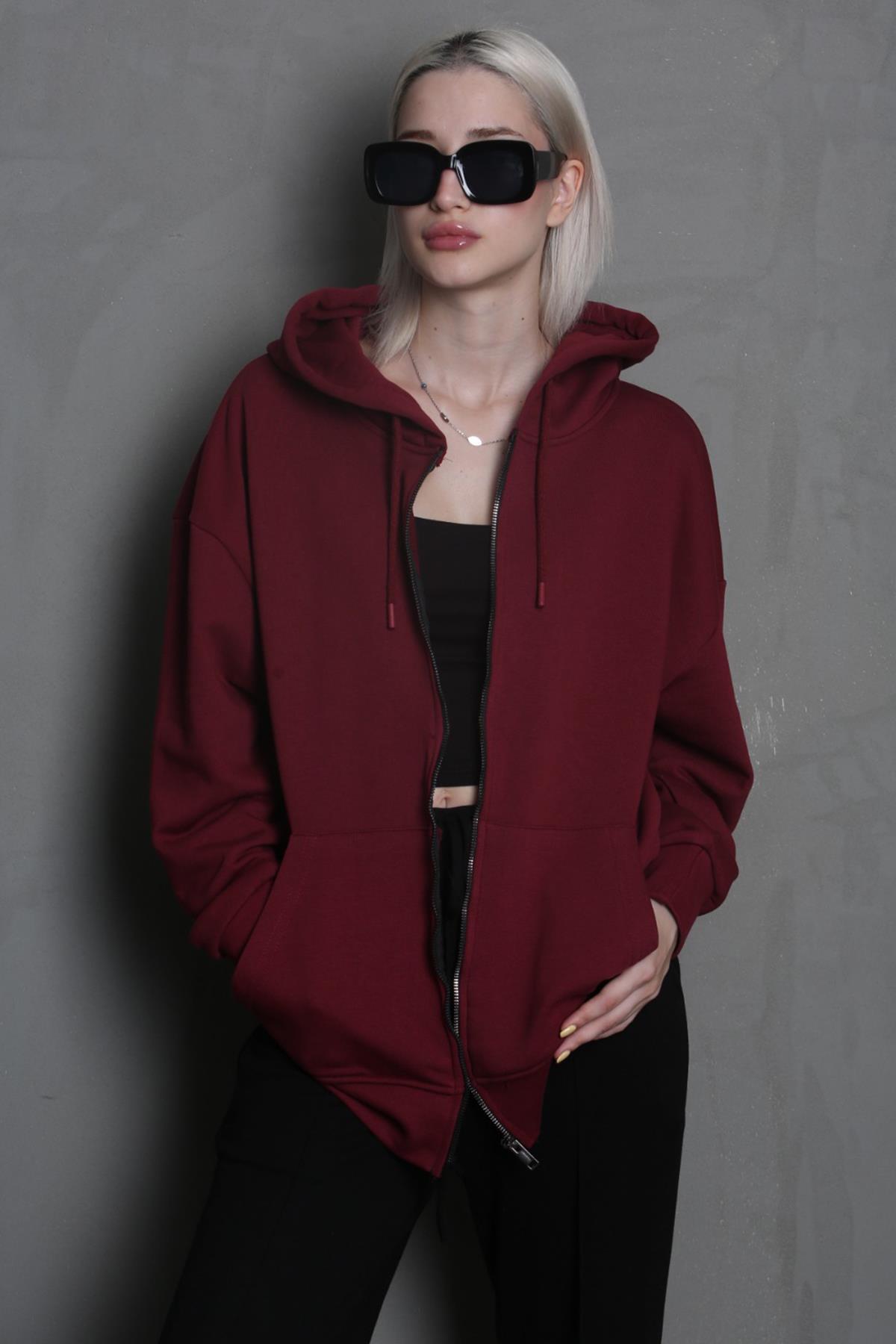 Madmext Bordo Kapüşonlu Basic Sweatshirt MG1900 görsel 3