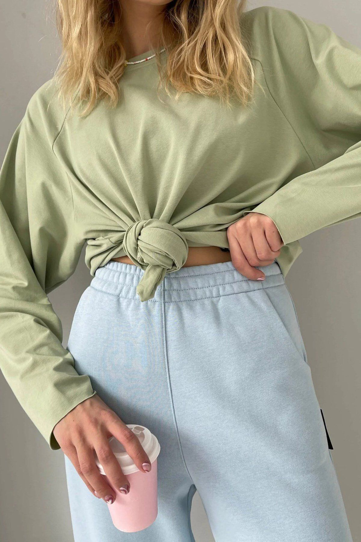 سویشرت سبز زنانه یقه گرین بیسیک Mint Green Basic MG1676 Madmext