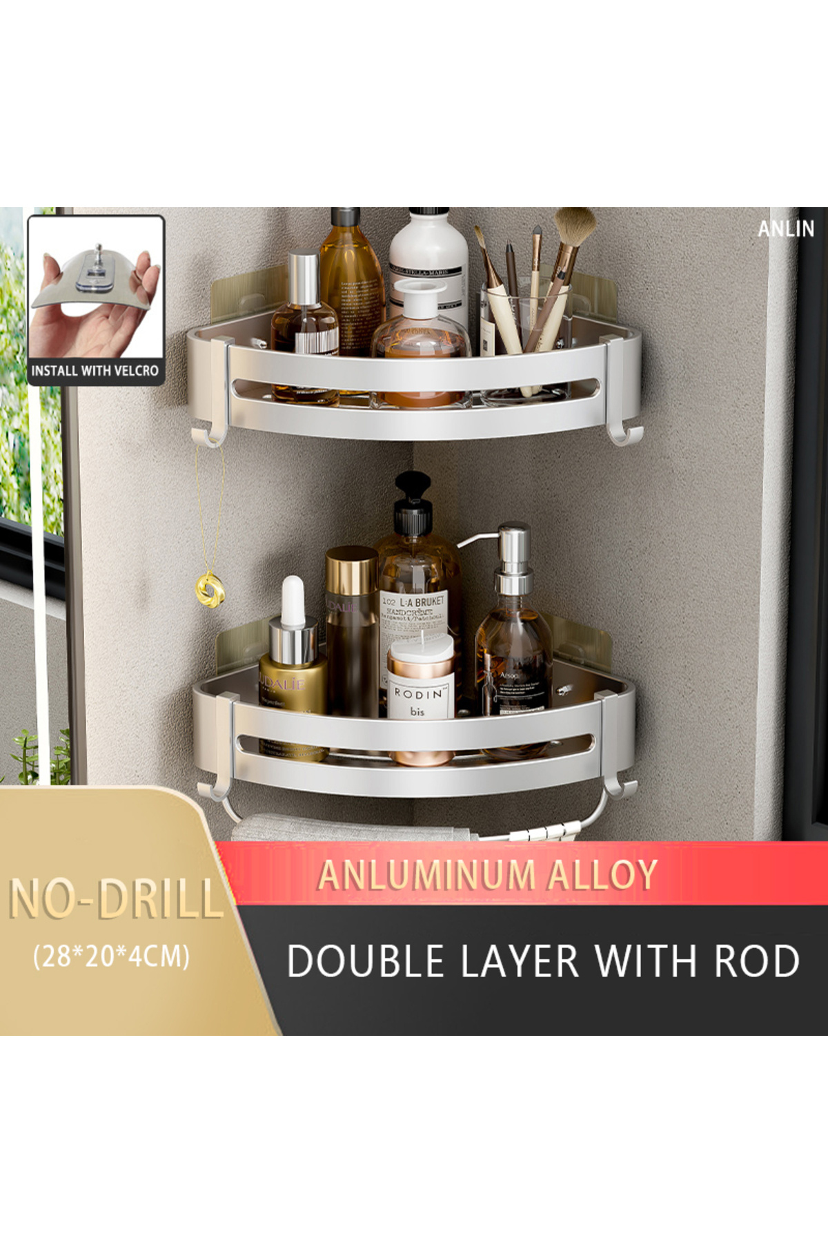 Choice-Silver 2Triangle Rod Bathroom Shelf No Drill Wall Mounted Shampoo Bottle Shower Corner Rack Toilet S 1