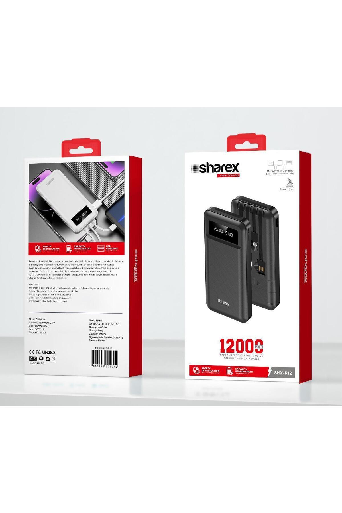 Sharex SHX-P12 Micro-iPhone-Type C Kablolu 12.000 mAh Dijital Şarj