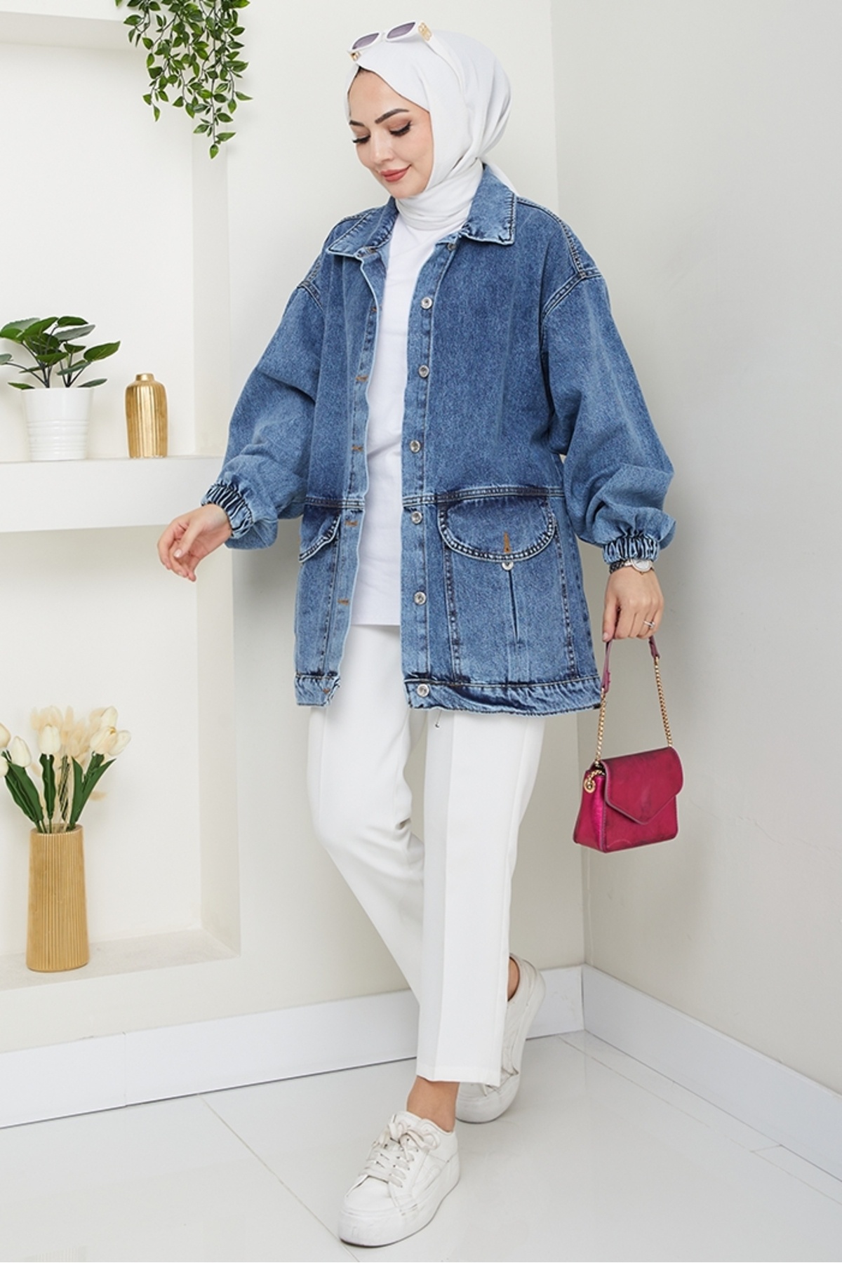 Bestenur-Oversize Denim Jacket with Bag Pocket 1442 - Light Blue 4