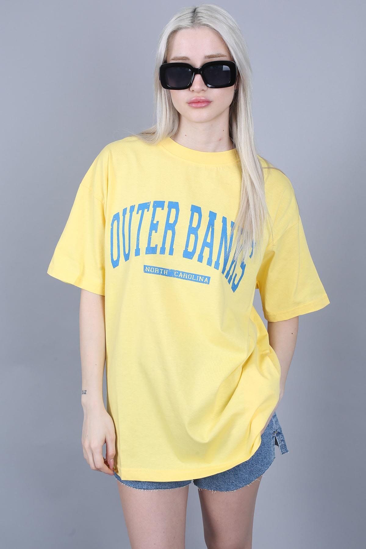 Madmext Damski T-shirt Oversize Z Okrągłym Dekoltem I Nadrukiem W Kolorze Żółtym Kobieta - S