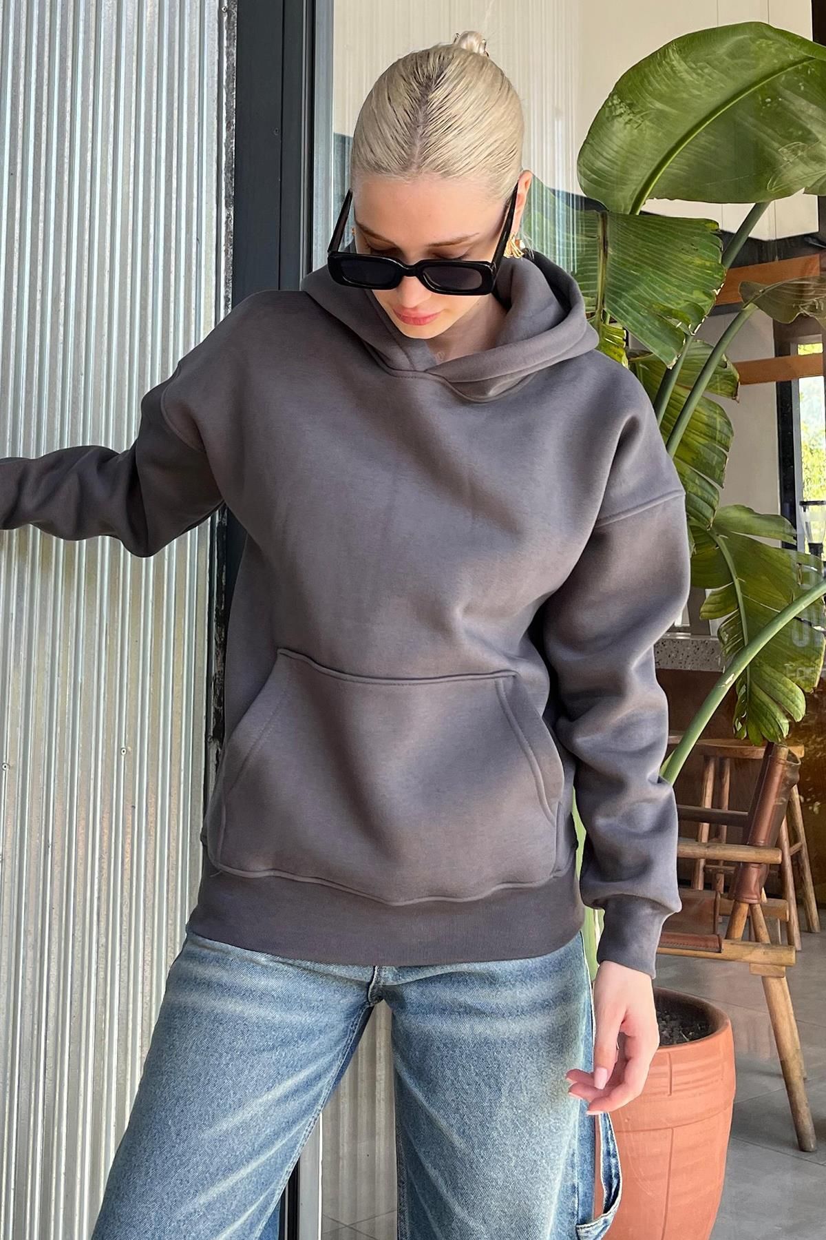 Madmext-Oversize Smoked Hooded Sweatshirt - Pocketed, Ribbon Mg2206 5