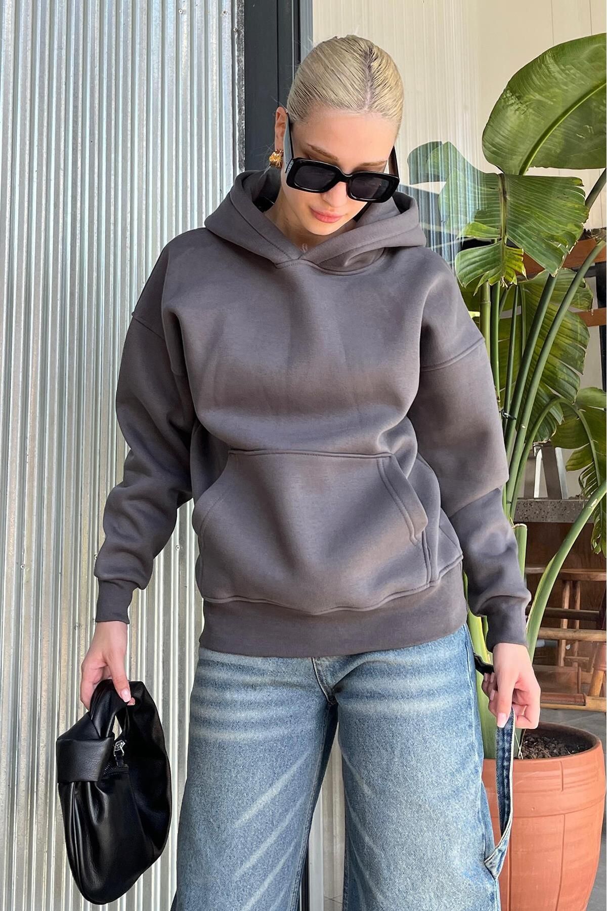 Madmext-Oversize Smoked Hooded Sweatshirt - Pocketed, Ribbon Mg2206 2
