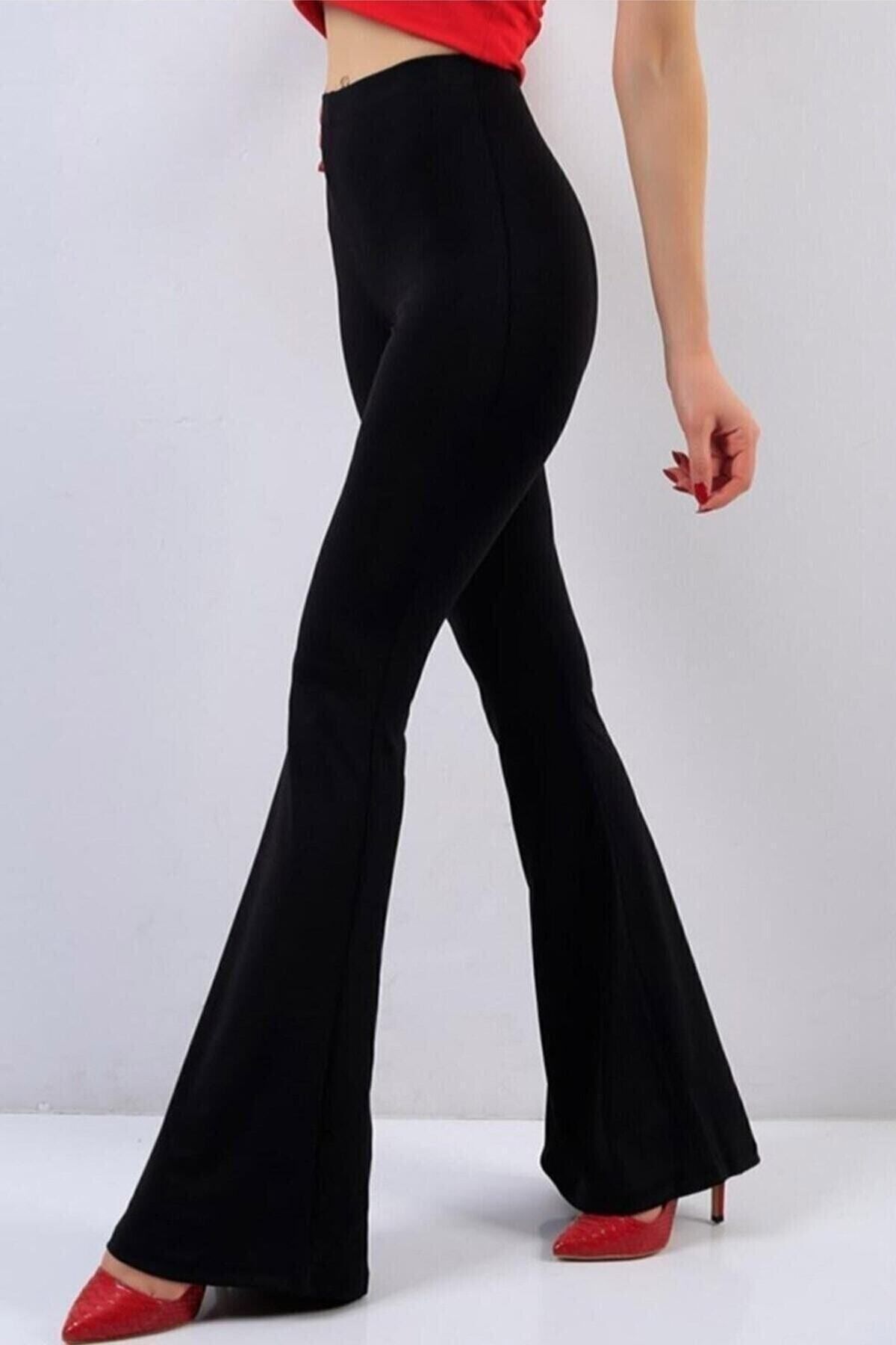 SHEMALL LUXURY Kadın Siyah Likralı Ispanyol Paça Pantolon toparlayıcı