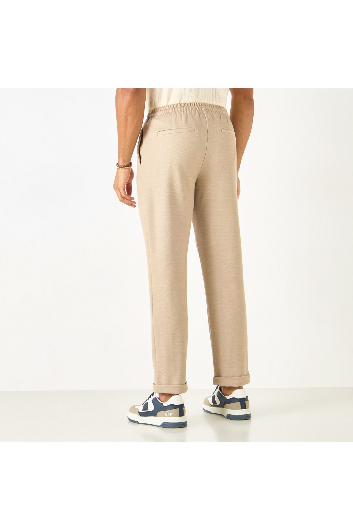 Smart-Textured Slim Fit Flexi Waist Trousers with Pockets and Drawstring Closure 3
