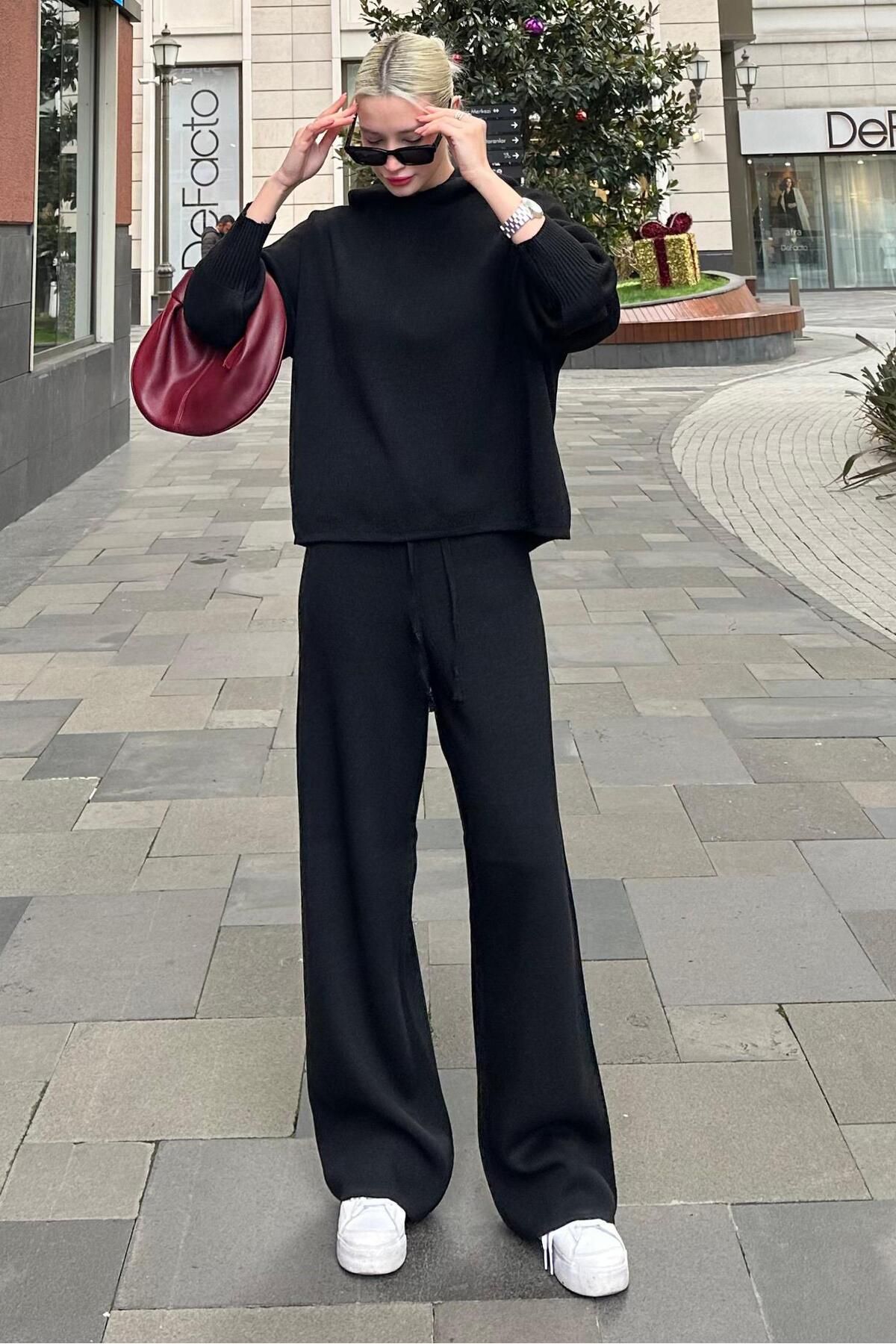 Madmext-Black Hooded Knitwear Women's Tracksuit Set Mg2237 3