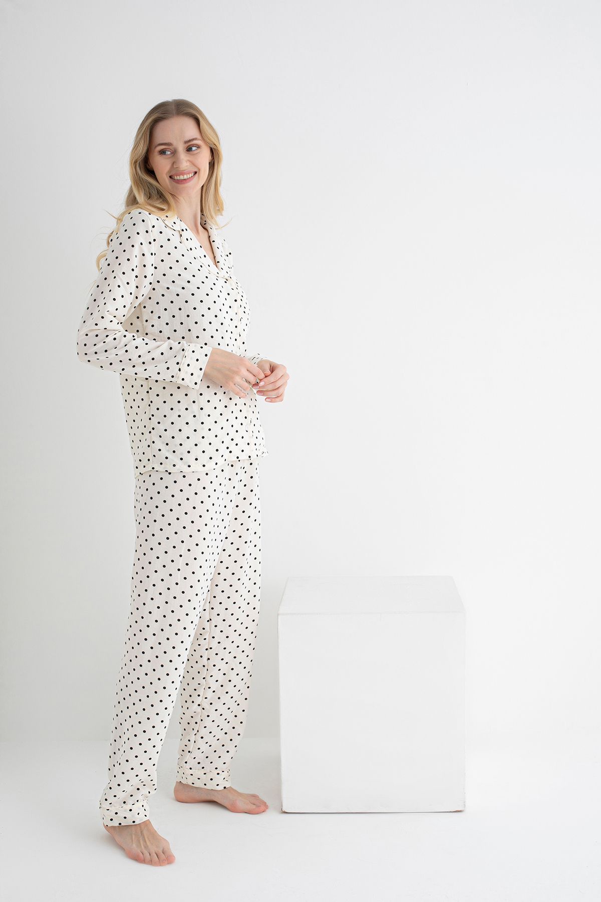 DOFİ-Dofi Women Ecru Polka Dot Pajamas Set Long Sleeve, Button, Aerobin Fabric 4
