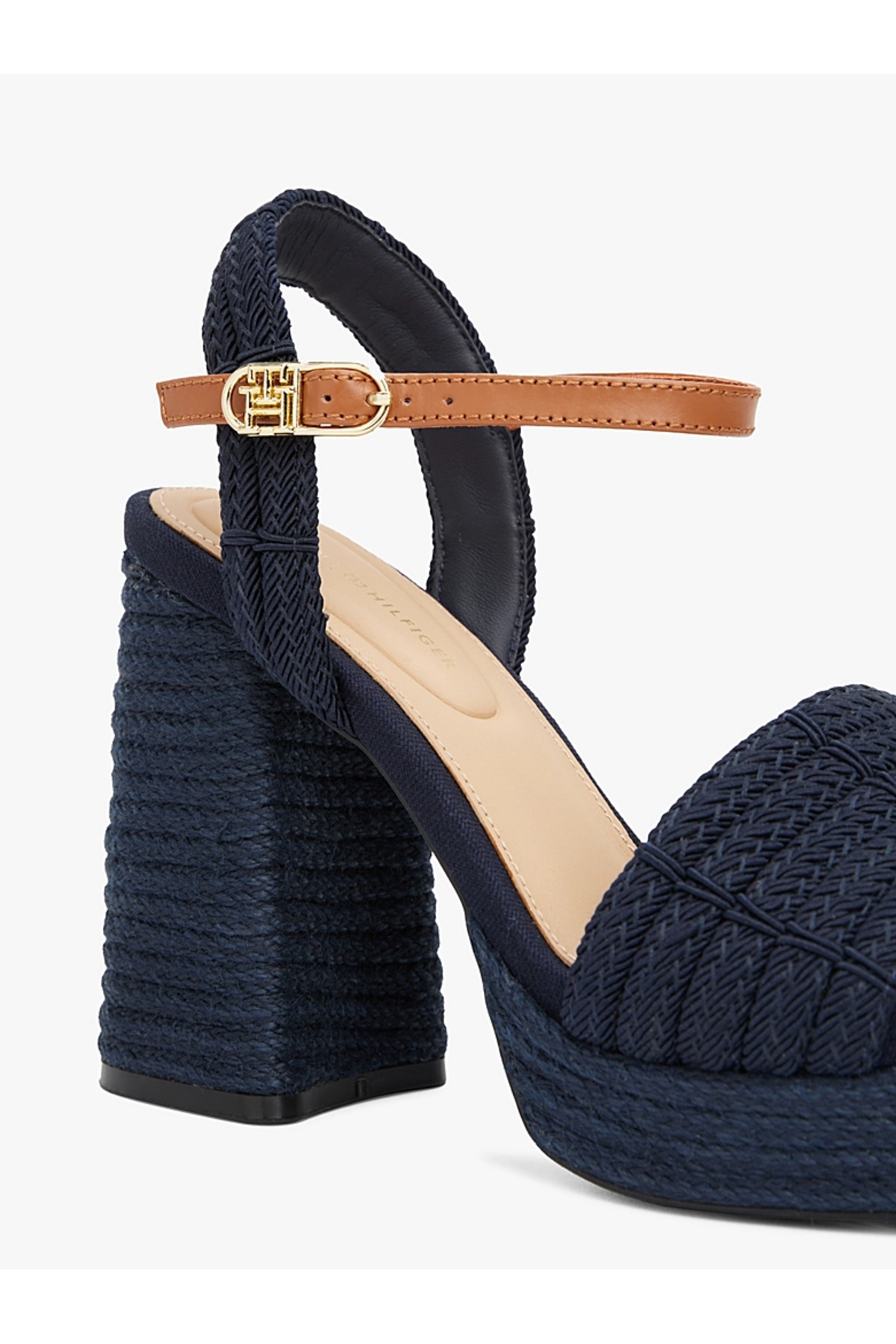 Tommy Hilfiger-Women's High Thick Straw Heel Ankle Lacing Comfortable Navy Blue Sandals Fw0Fw08425-Dw6 6