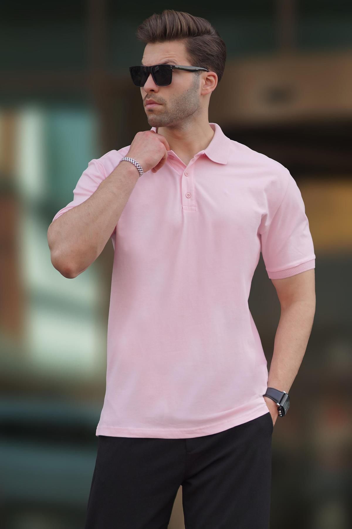 Madmext Różowy T-shirt Męski Typu Overfit Polo, Model Mężczyzna - L